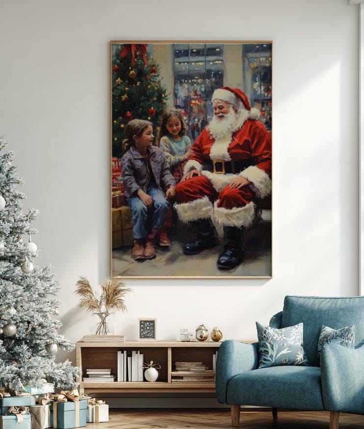 ヴィンテージサンタと子供たちのクリスマスツリーの絵画（印刷可能