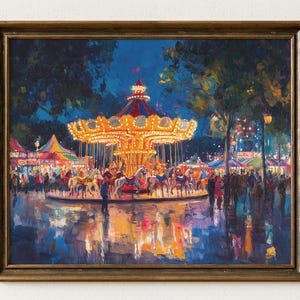 May include: A framed painting depicts a brightly lit carousel at night. The carousel is the focal point, with horses and lights. The artwork has a warm color palette with reflections in the water, and a crowd of people surrounds the carousel.