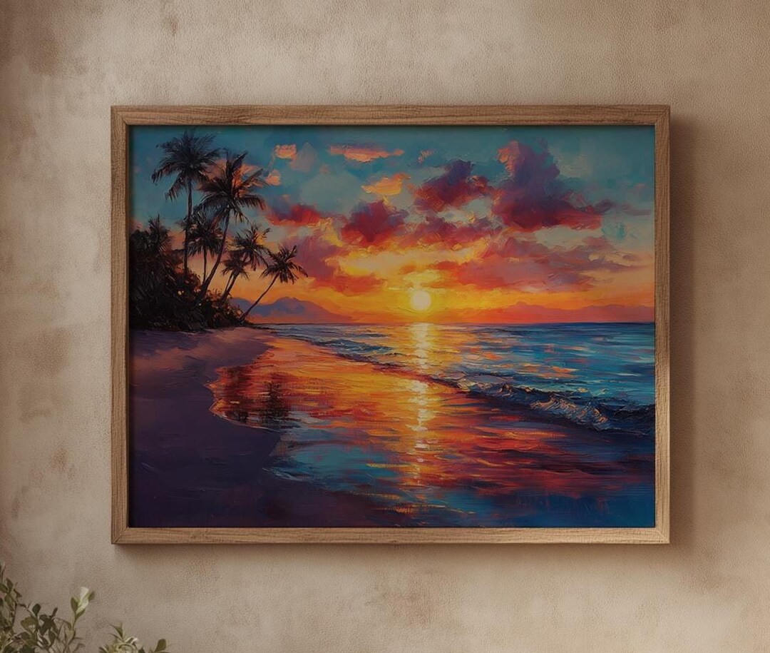 Hawaiian Sunset Beach Painting: Tropical Coastal Art Print (digital ...