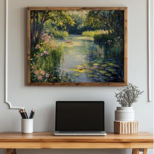 Peaceful nature digital print for bedroom — exquisite oil painting showcasing a pond with soft brushstrokes in soothing greens and blues.