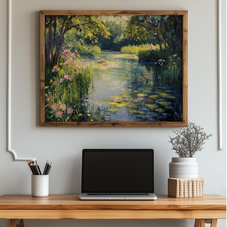 Peaceful nature digital print for bedroom — exquisite oil painting showcasing a pond with soft brushstrokes in soothing greens and blues.