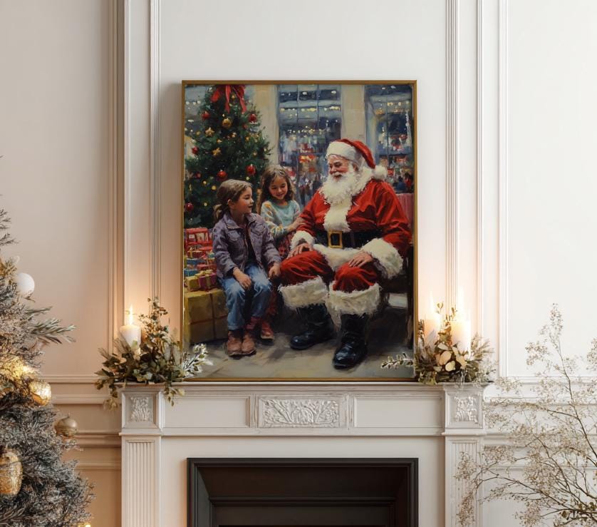 ヴィンテージサンタと子供たちのクリスマスツリーの絵画（印刷可能