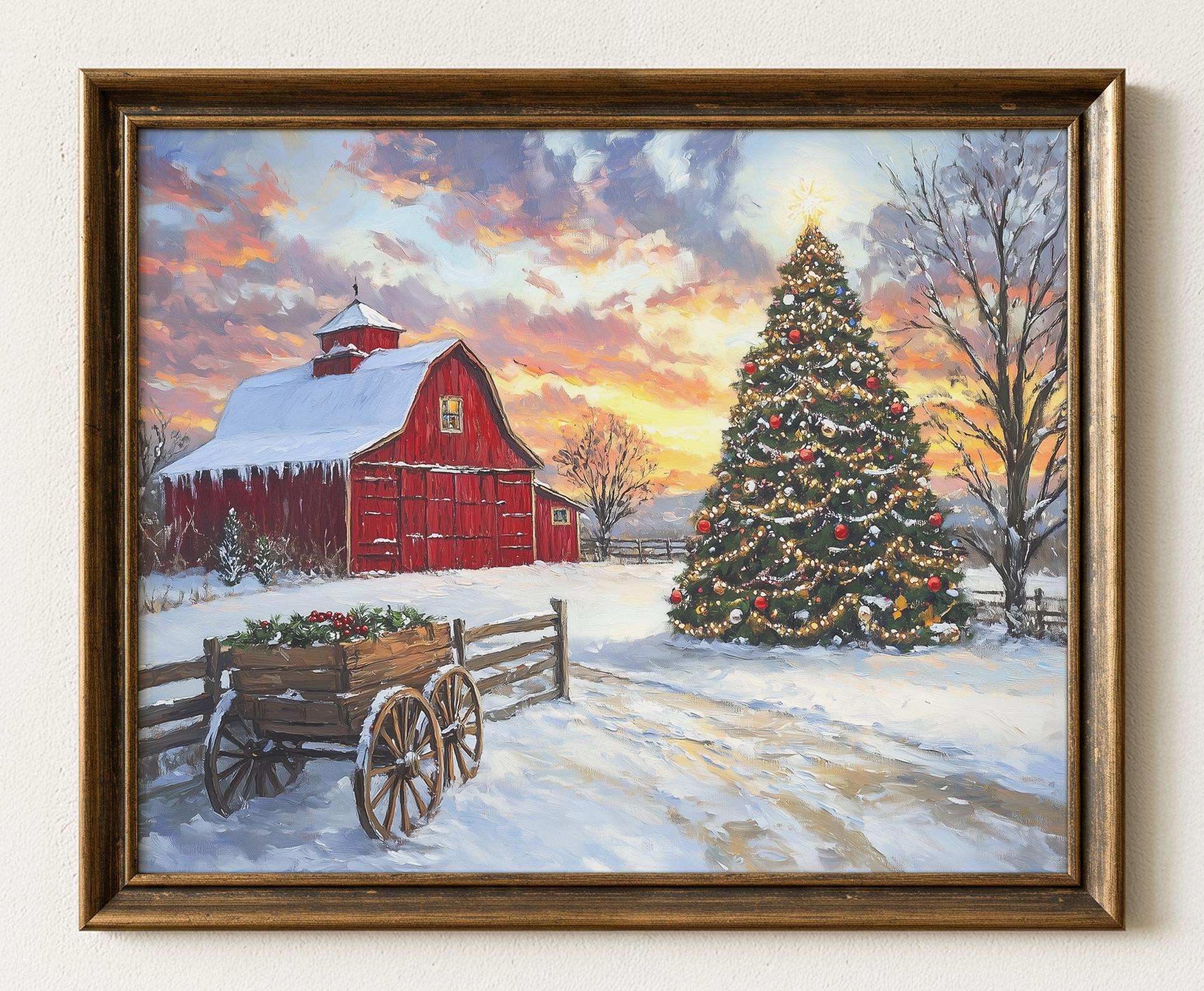Renditions Gallery Red Barn with Wreath Wall Art, Christmas & Winter Decorations, Country & Farm Holiday Decor, Premium Gallery Wrapped Canvas Decor, Ready to Hang, 8 in H x 12 in