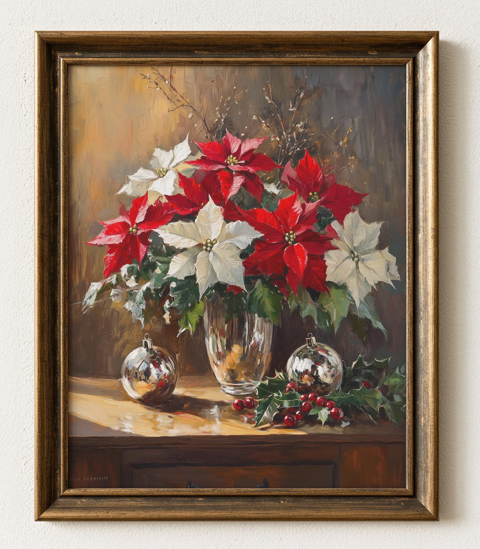 ヴィンテージクリスマスポインセチア絵画：お祝いの花の静物画