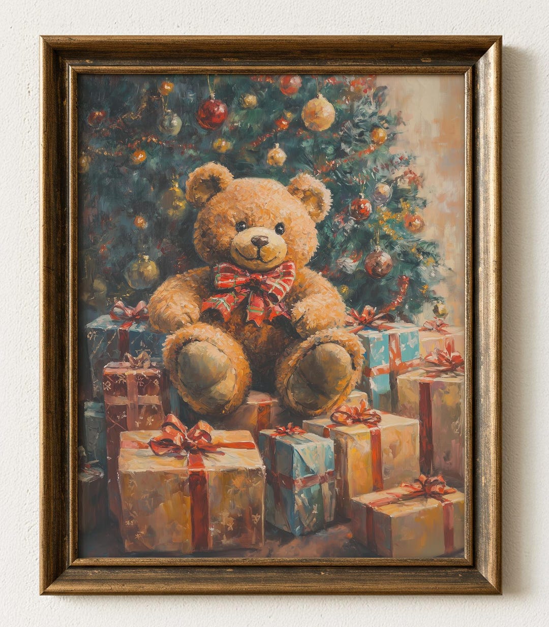 Festive Teddy Bear With Red Bow Vintage Christmas Wall Art, Cozy — free download