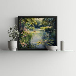Rustic pond artwork digital download for craft room — uplifting composition featuring soft greens and blue hues, perfect for creative inspiration.