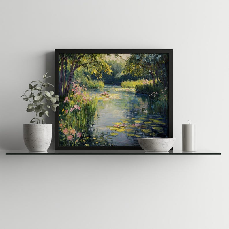 Rustic pond artwork digital download for craft room — uplifting composition featuring soft greens and blue hues, perfect for creative inspiration.