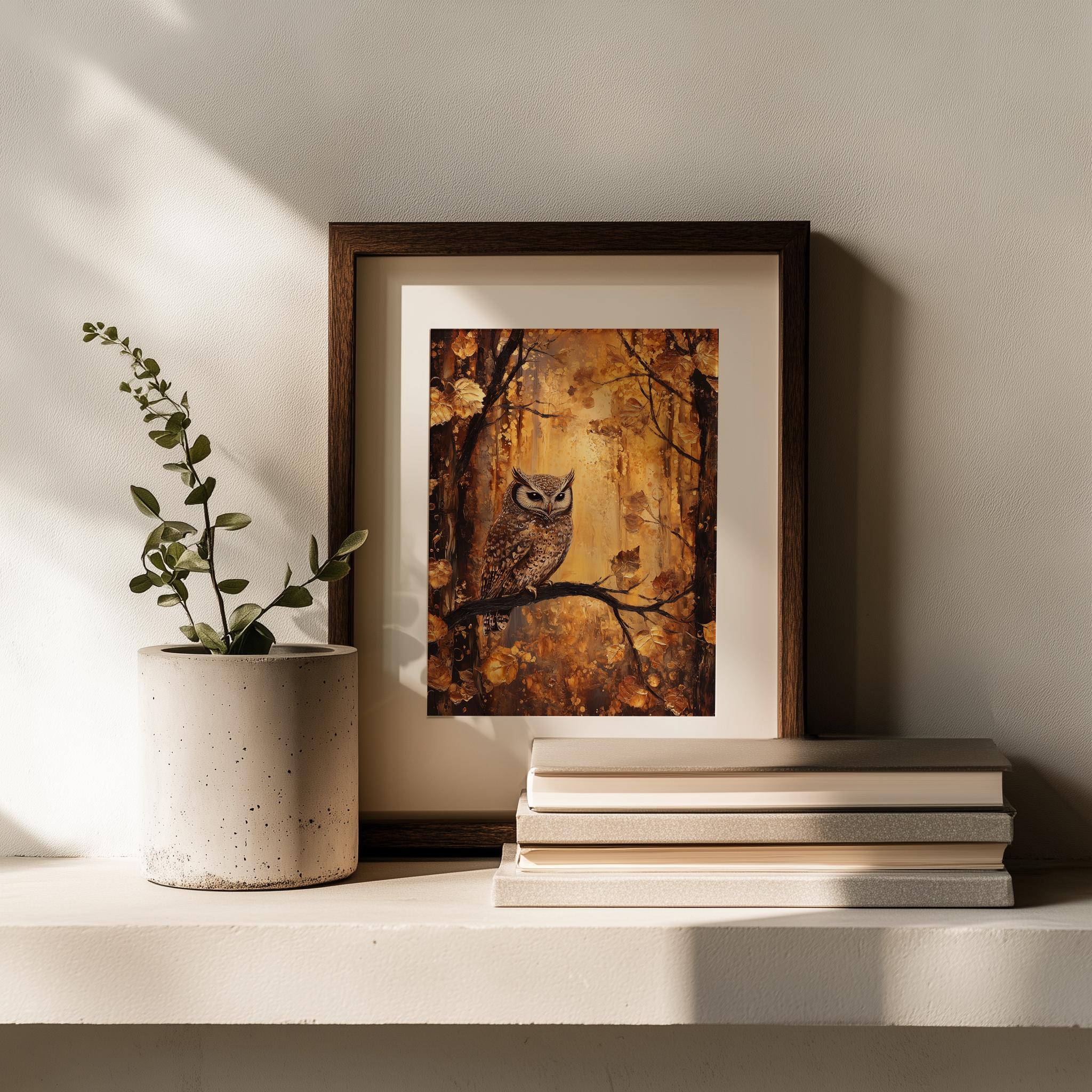 Rustic Owl Autumn Owl in Woodland Scene, Cozy Moody Rustic Wall Art (digital ...