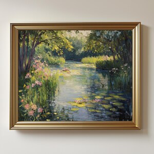 Impressionist pond picture printable art for office — calming artwork with gentle reflections and pink wildflowers, perfect for a creative workspace.