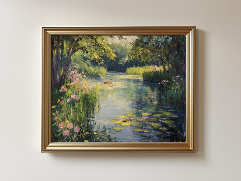 Impressionist pond picture printable art for office — calming artwork with gentle reflections and pink wildflowers, perfect for a creative workspace.