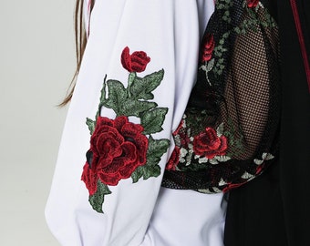 White Hoodie and lacing at the back, white joggers, embroidered flowers, women's summer suit, 2 pieces