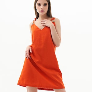 Orange Linen Summer Dress – Sleeveless Loose Short Dress, Handmade Casual Linen Clothing, Сocktail dress, boho linen dress