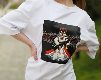 Ukrainian Motanka T-Shirt – Oversized Cotton Shirt with Ethnic Warrior Doll Print – Handmade White Tee Polivik, Ukrainian shirt gifts