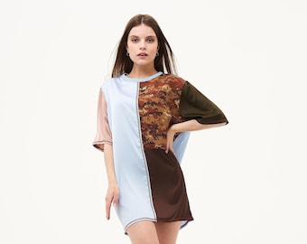 Oversize t-shirt, blue brown t-shirt, Women Silk T-shirt, Summer beach dress, vacation clothes