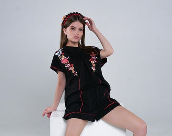 Women's summer suit, black t-shirt and shorts, Ukraine ornament