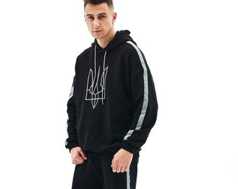 Reflective Draw String Pants and  Hoodie, Black Tracksuit, Ukrainian Sweatshirt with Embroidered Logo, Black Sweatpants, Two piece set