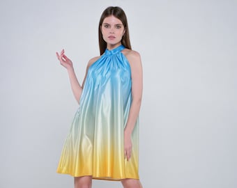 Silk dress, blue yellow dress, Women Dress, Summer beach dress, vacation dress