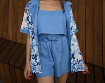 Linen Summer Blue Three Piece Suit, Women Top, Shorts, Floral Print Jacket, Minimalist Oversized High Waist Top and Shorts