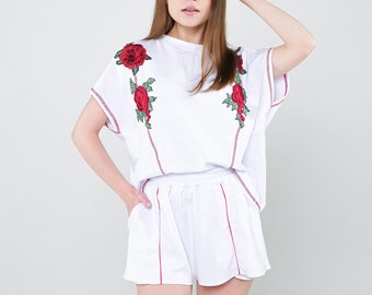 Women's summer white suit, t-shirt and shorts, Ukraine ornament, oversize top and high waist shorts