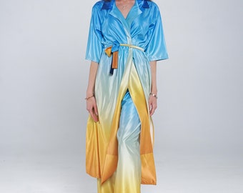 Blue yellow suit, long shirt and loose pants. Women Silk Suit, Summer beach dress, vacation suit