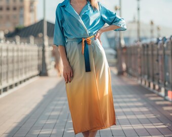 Long shirt, blue yellow dress with incisions on the sides. Women Silk Dress, Summer beach dress, vacation dress