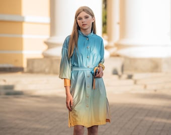 Midi shirt with gold buttons, belt, blue yellow dress with incisions on the sides. Girls Silk Dress, Summer beach dress, vacation dress