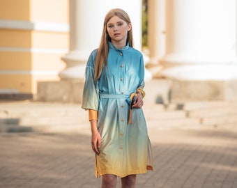 Midi shirt with gold buttons, belt, blue yellow dress with incisions on the sides. Girls Silk Dress, Summer beach dress, vacation dress