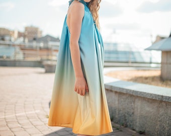 Silk dress, blue yellow dress, girl dress, Summer beach dress, vacation dress