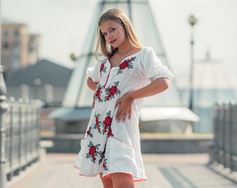 White dress, Summer Linen Dress, embroidered flower dress, party floral dress, white dress with embroidery