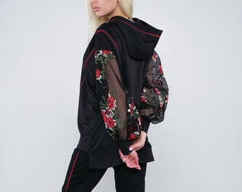 Black Hoodie and black joggers, embroidered flowers, women's summer suit, 2 pieces