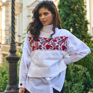 Modern Ukrainian Folk Vest White - Knitted Shirtfront with Embroidery, White Sweater, Sweater Vest Womens, Embroidered vest Sleeveless