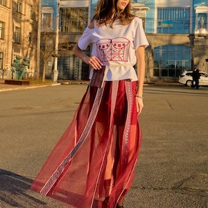 Red Boho Embroidered Skirt and Top Set – Handmade Ukrainian Outfit – Sheer Maxi Skirt Ornament, Embroidered T-shirt Corset, Slavic Clothing