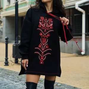 Embroidered Black Hoodie long, Oversized Sweatshirt Women, Style Ukrainian Hoodie, Trendy Hoodie, Streetwear Hoodie, Folklore Sweatshirt