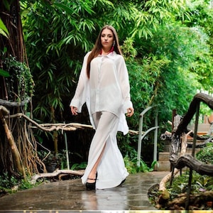 Frauen weißer Chiffon Anzug, übergroßes Hemd und Hose mit hoher Taille, handgemachtes Sommer-Outfit, Hose mit hoher Taille, Boho-Hochzeit