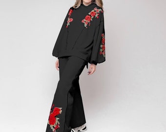 Black embroidered hoodie and black palazzo pants, wide trousers and oversize shirt, women's summer suit, 2 pieces