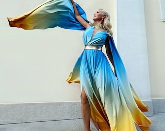 blue and yellow long dress Light Blue and Yellow Floral Jacquard Maxi Dress | Womens | X-Large (Available in XS, S, M, L) | 100% Polyester