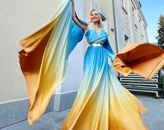 Long silk Ukraine dress, blue yellow dress with incisions on the sides. Women Silk Dress, Summer prom dress, vacation dress