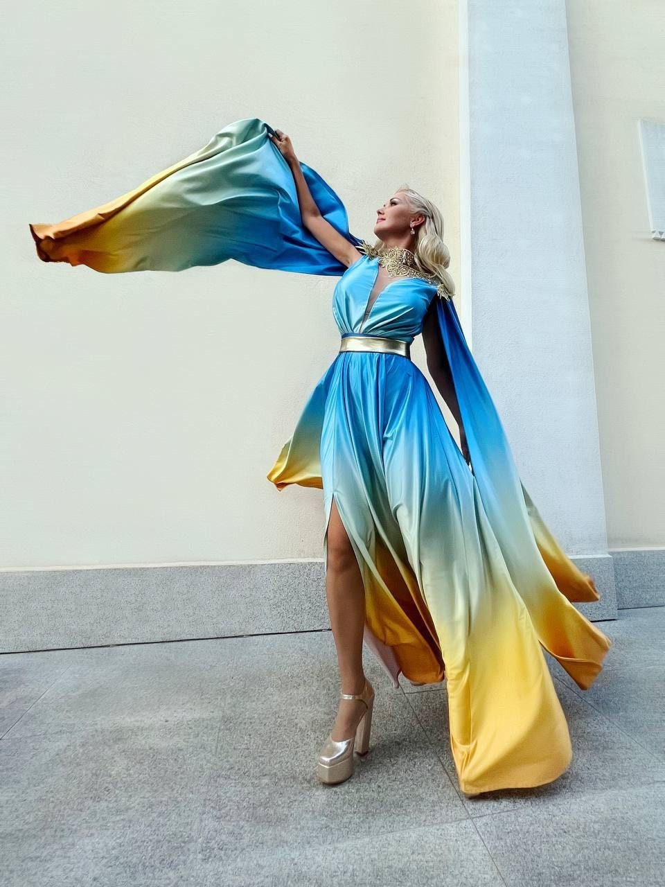 Goddess Silk Dress | Blue Yellow Maxi Dress | Bohemian Cocktail Dress | Prom Dress | Made in Ukraine | Blue satin Maxi Dress