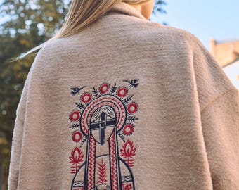 Cárdigan largo de lana hecho a mano / Gabardina extragrande bordada / Chaqueta folclórica ucraniana / Cárdigan de mujer / Chaqueta / Abrigo de alpaca
