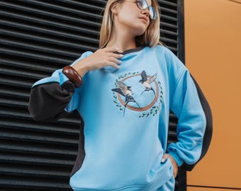 Light Blue Tracksuit Set with Embroidered Swallows – Oversized Sweatshirt & Joggers, Two Piece Women’s Loungewear, Handmade Cotton Tracksuit