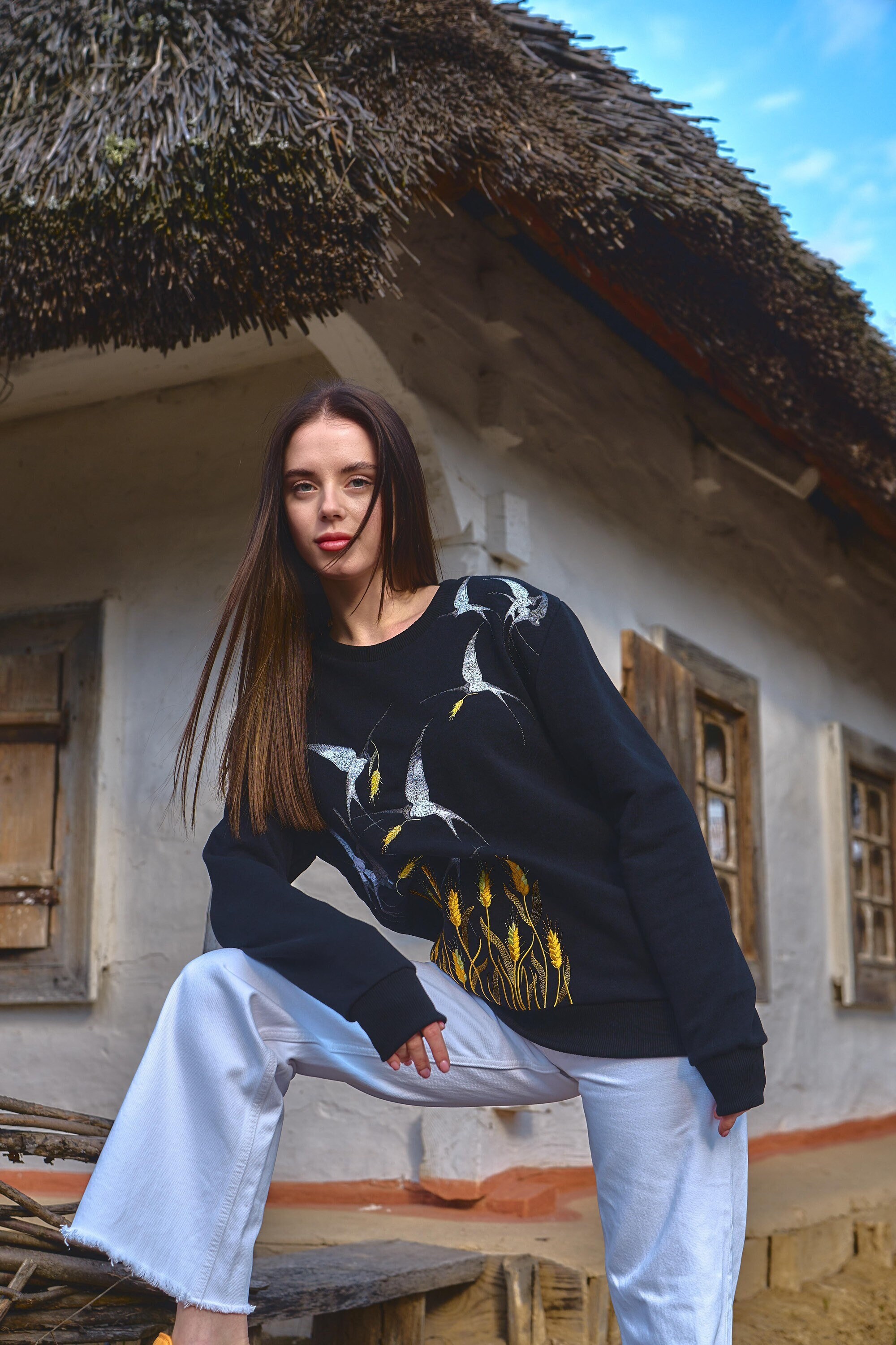 Embroidered Ukrainian Sweatshirt Black Swallows | Women's Crewneck | Ukrainian Gift | Sweater Green Bird sweatshirt Crew neck Vyshyvanka