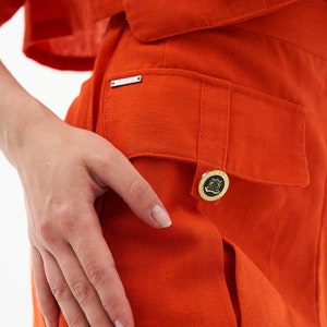 Linen summer orange suit, women's t-shirt and shorts, minimalist wear, oversize top and high waist shorts image 9