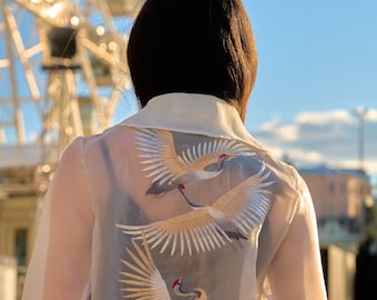 Kimono de seda bordada, chaqueta estilo kimono bohemio, kimono de seda ligero para mujer, elegante abrigo kimono hecho a mano, ropa transparente.