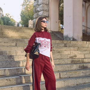 Cotton oversized embroidered sweatshirt and elasticated pants suit, Bordeaux hoodie and trousers, two piece set, women&#39;s autumn suit, cot