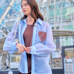 Sheer Blouse with Crochet Heart – Silk Organza Trendy Shirt, Summer Boho Blue Blouse, Lightweight blouse, Sheer organza shirt