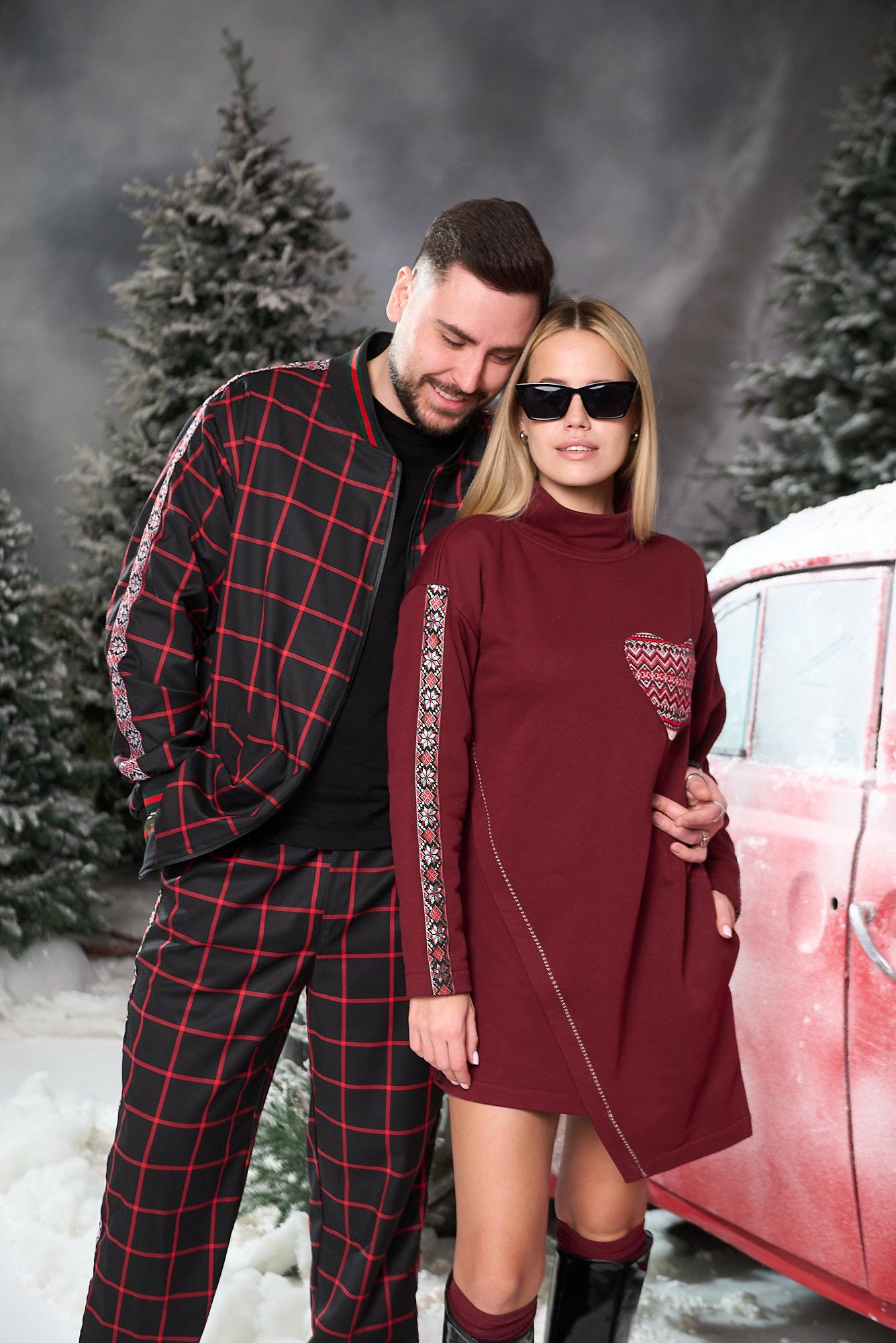 couple winter dress Matching Outfit – Men's Plaid Ethnic Suit & Women's Heart Wrap Dress, Ukrainian Designer Set, Modern Folk Couple Look 2508 Shona Joy La Lune Size:XL - 16 UK