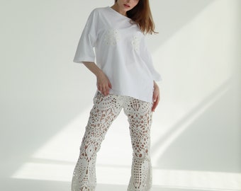 Women's two-piece suit, Hand made T-shirt  and gepur pants , women's t-shirt, women's summer  suit