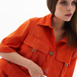 Linen summer orange suit, women's t-shirt and shorts, minimalist wear, oversize top and high waist shorts image 7