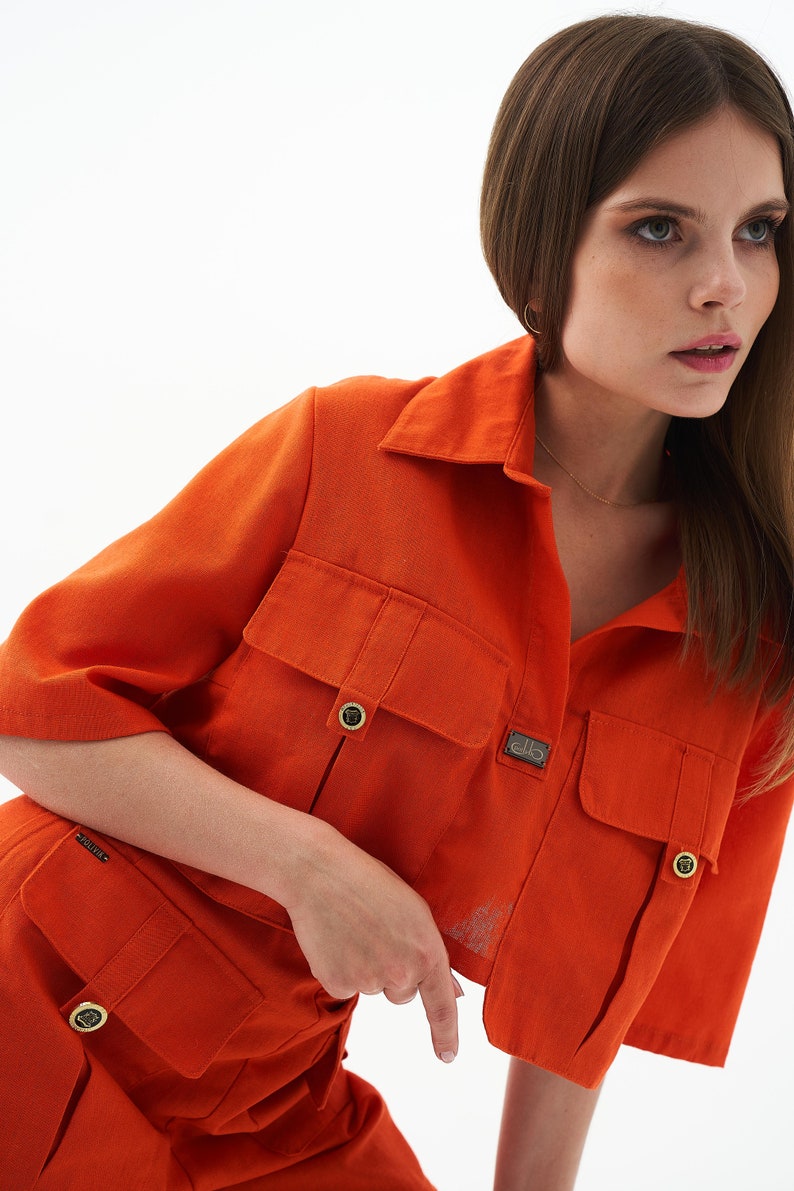 Linen summer orange suit, women's t-shirt and shorts, minimalist wear, oversize top and high waist shorts image 7