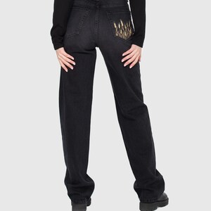 Embroidered Dark and Blue Straight-Leg Jeans “Swallows” – Women&#39;s High-Waist Y2K Jeans, Black & Blue Denim, Ukrainian Clothing